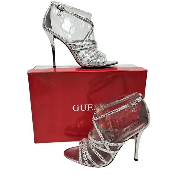 Guess Metallic Silver‎ Leather Strappy Stiletto High Heels Size 6 Women's - Picture 1 of 13